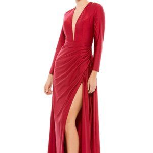 MAC DUGGAL 26250 PLUNGE ILLUSIONS NECKLONG SLEEVE BURGUNDY GOWN sz 14